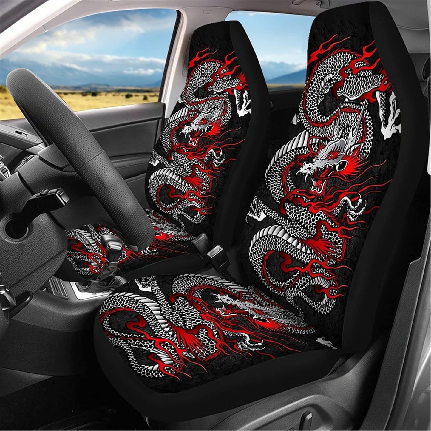 AFPANQZ Oriental Dragon Print Car Seat Covers Full Set for Back Seat Front Seats Universal Fit Most Cars SUVs Trucks Vans Comfortable Auto Seat Protection Full Set for Women Men Black Red
