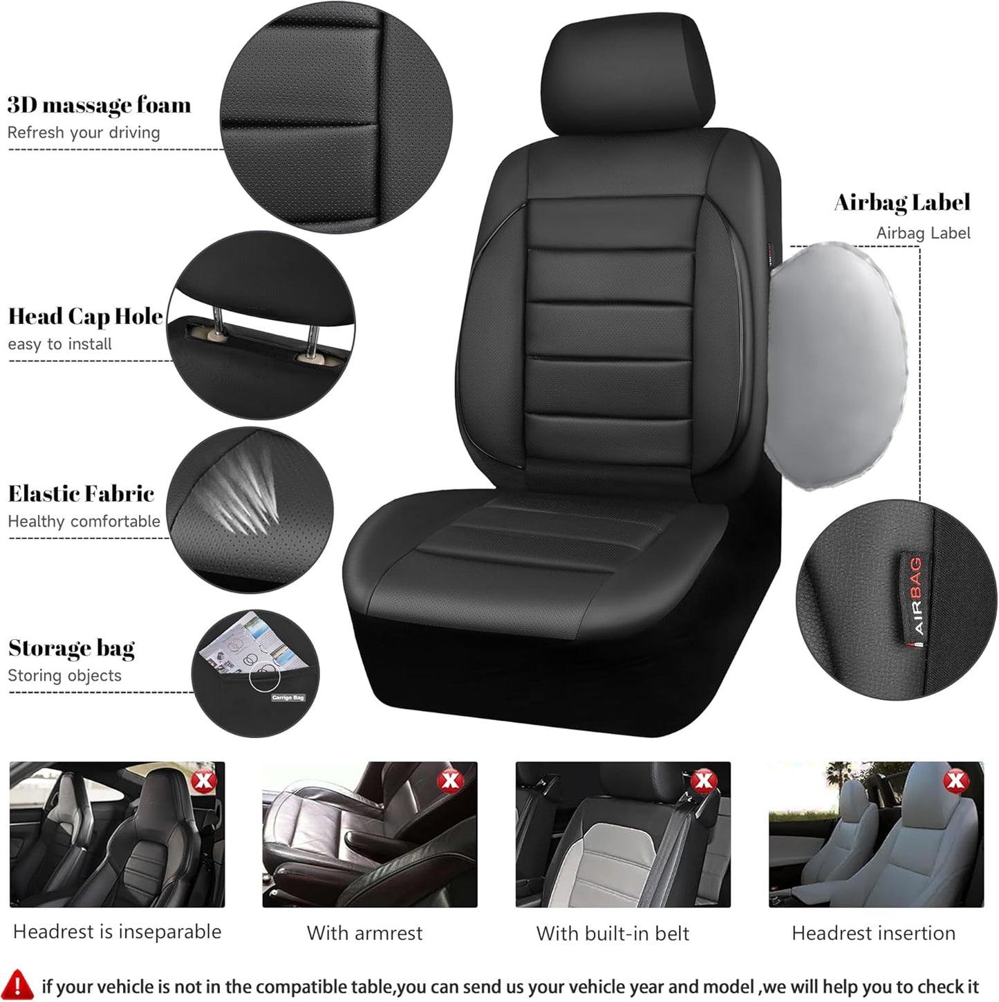 CAR PASS Leather Seat Covers Full Set Universal Water Resistant 3D Foam Back Support, Luxury Comfort Automotive 5 Seat Covers All Season Fit for SUV,Sedan,Van, Airbag Compatible Elegance(Black)