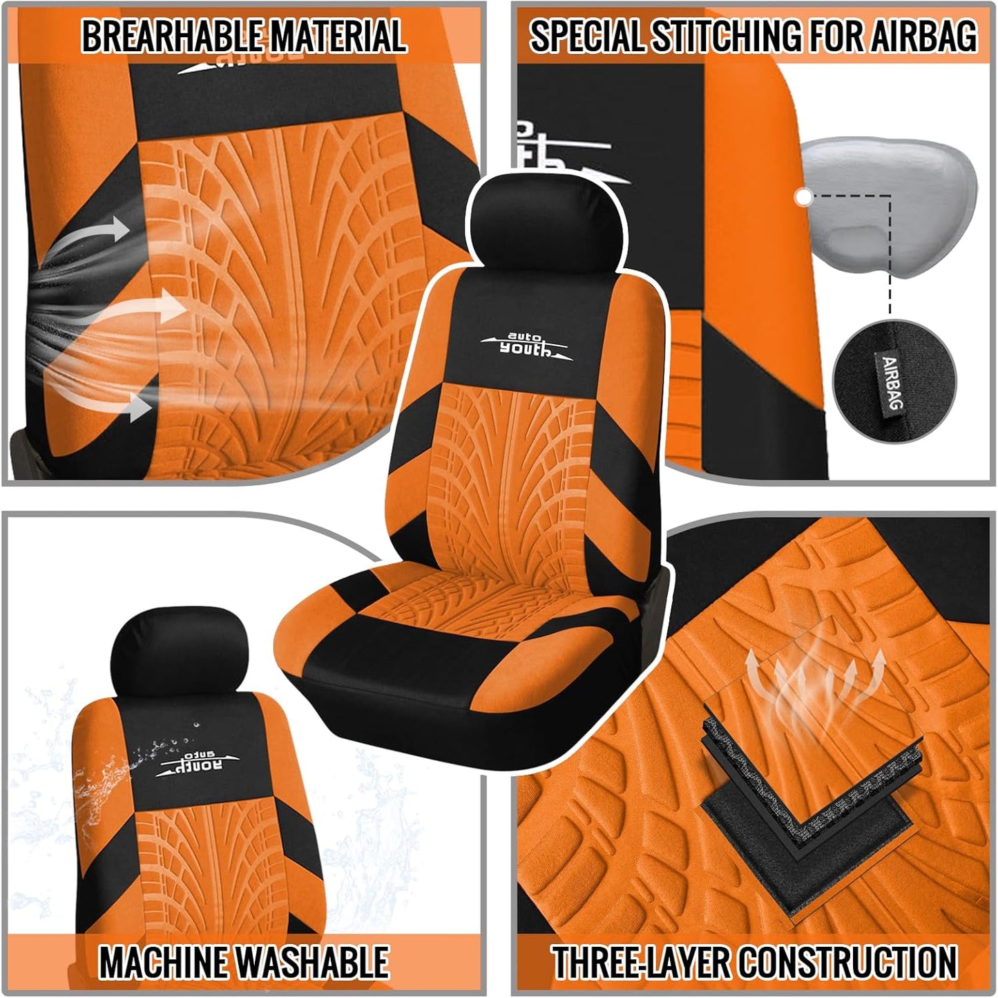 AUTOYOUTH Car Seat Covers for Front Seats, Breathable and Washable Bucket Seat Covers for Cars, Truck, SUV, Vans Airbag Compatible Automotive Interior Covers, Orange