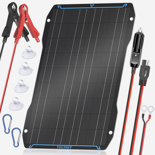 Voltset 30W 12V Flexible Solar Panel Battery Charger, Portable Waterproof Power Trickle Battery Charger & Maintainer Pro for Car Boat Automotive RV with Cigarette Lighter Plug & Alligator Clip