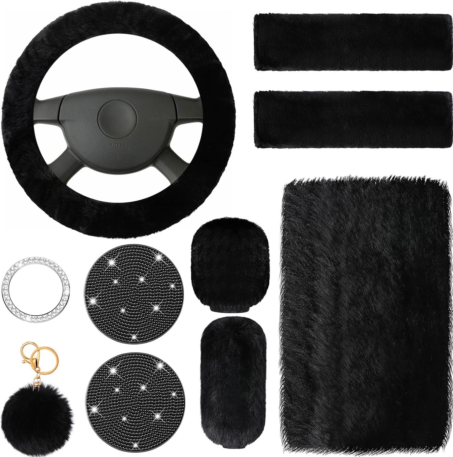 Frienda 10 Pcs Fluffy Car Steering Wheel Covers Handbrake and Gear Shift Cover Seat Belt Shoulder Pads Diamond Mat Ignition Ring Ball Key Chain Armrest Box Mat Car Accessories set(Pink)