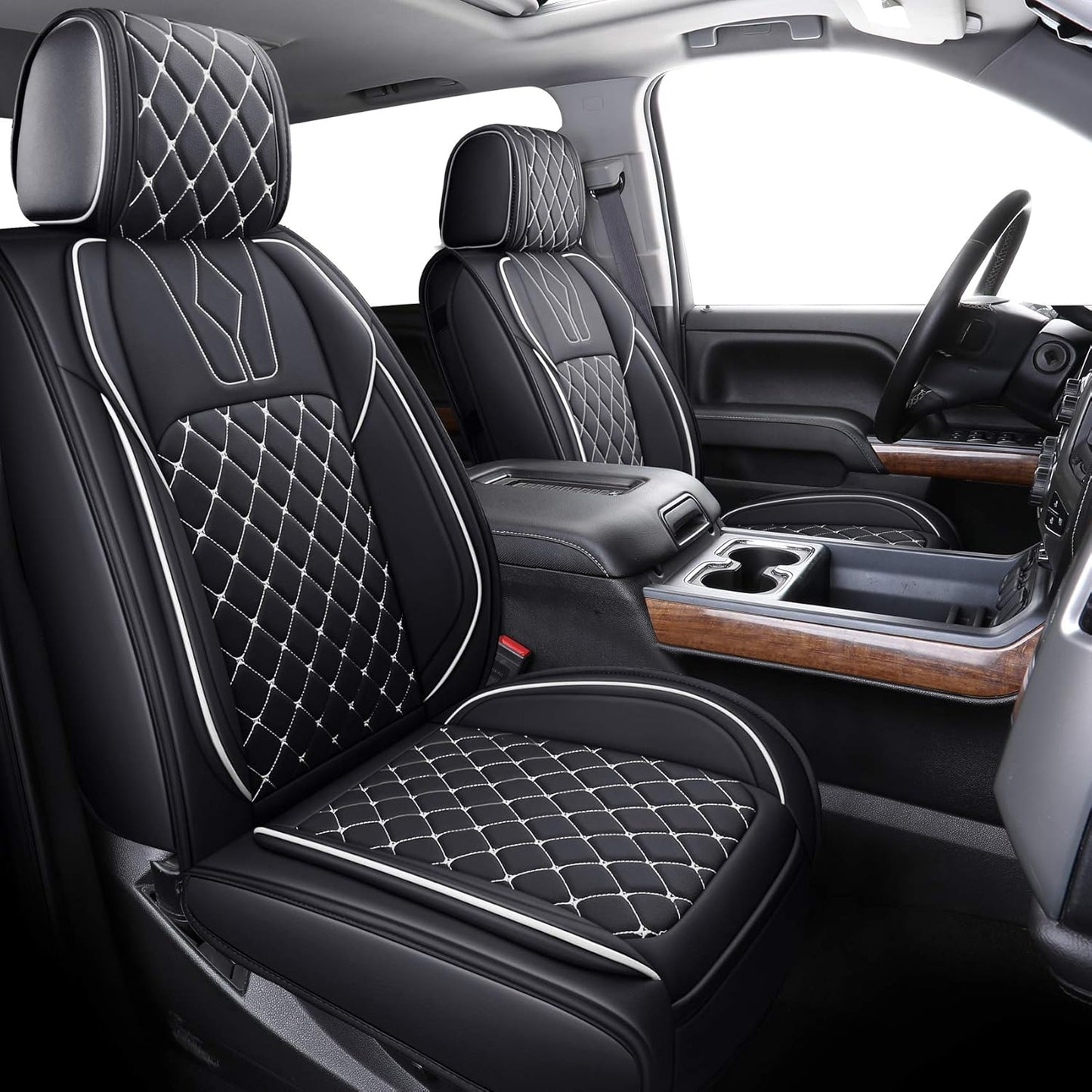 YIERTAI Chevy Silverado GMC Sierra Seat Covers Custom Fit 2007-2025 1500 2500 3500 HD Pickup Truck Crew Double Cab Waterproof Leather Front Car Cushions(2 PCS Front, Black-White)