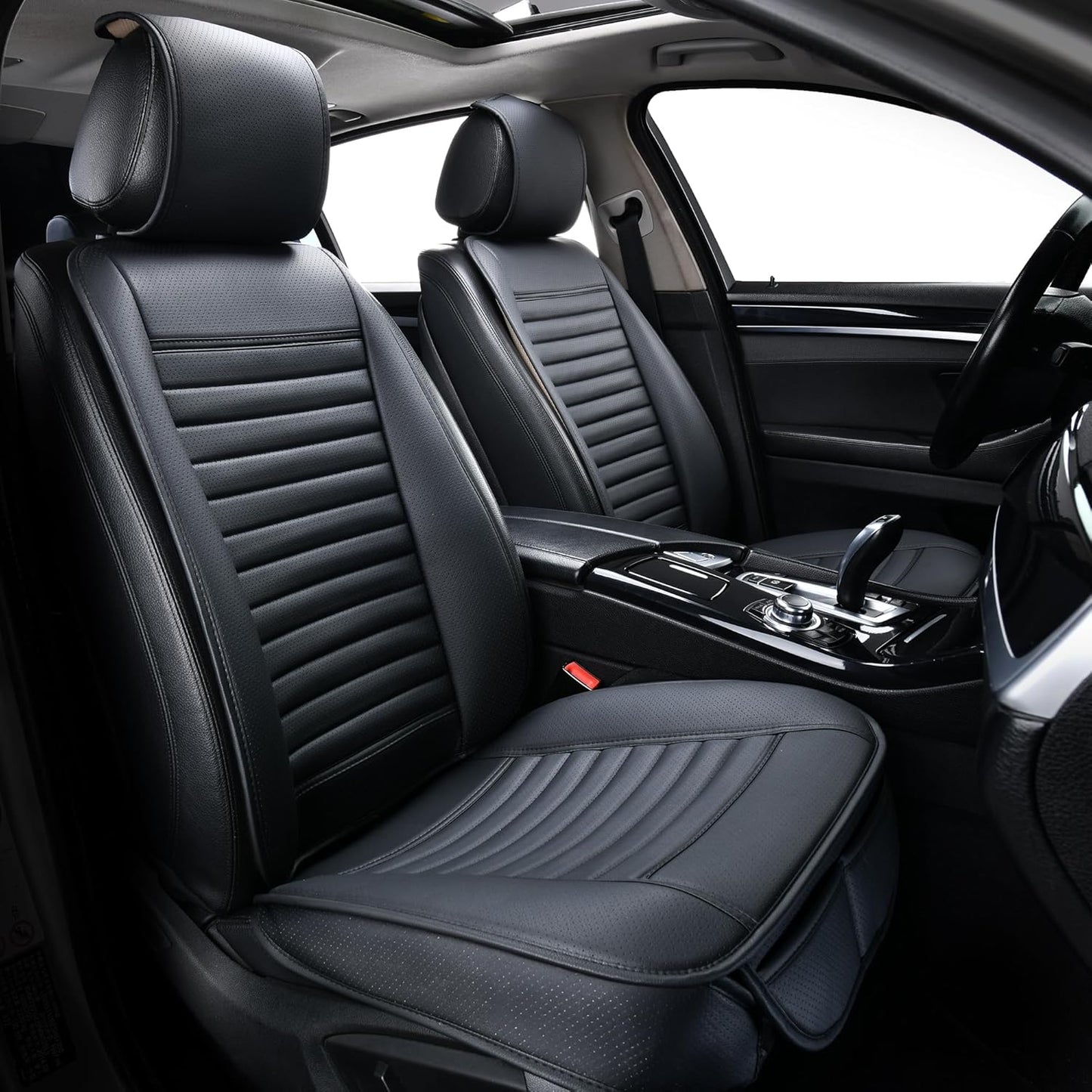 Sunny color 2pc Edge Wrapping Comfortable Car Front Seat Covers, Seat Protectors, Anti-Slip Bottom Seat Cushion Covers for Auto with PU Leather(Black)