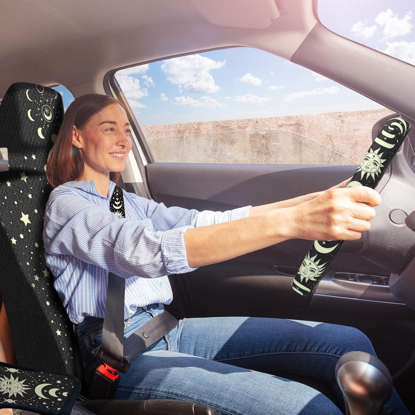 Fiada 10 Pcs Moon Star Car Seat Covers Full Set Car Accessories for Women Front Seat Cover Steering Wheel Armrest Cover Belt Cover Cup Holder for Auto SUV Interior Decoration(Witch)