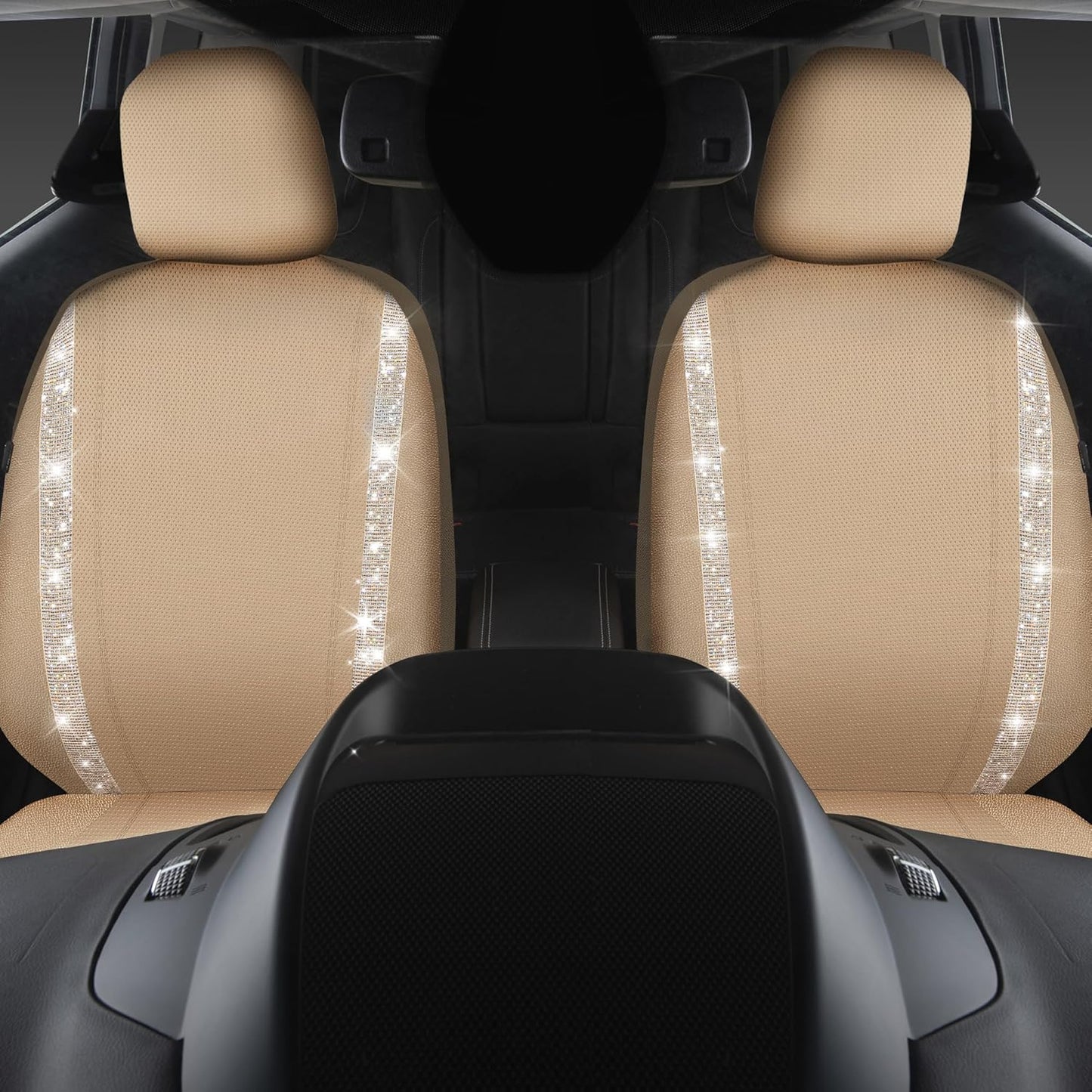 CAR PASS Leather Diamond Bling Car Seat Covers 2 Front Interior Sets, Waterproof Universal Shining Glitter Crystal Sparkle Fit for 95% Automotive Truck SUV Cute Women Girl, Beige Rhinestone