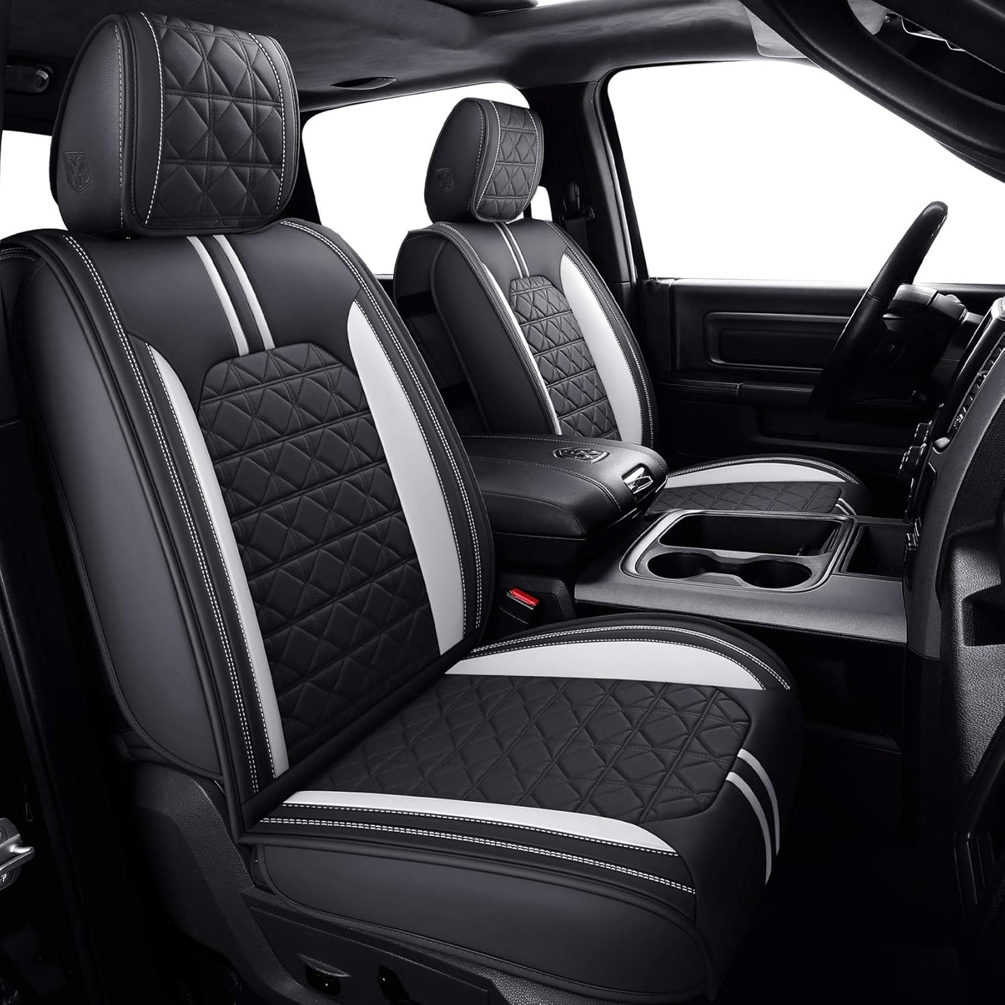 YIERTAI for Dodge RAM Seat Covers Fit 2009-2023 2024 2025 1500 2500 3500HD Crew Double Cab Quad Cab Big Long Horn Rebel Tradesman Laramie Truck Waterproof Leather TSWKM Style(2 PCS Front/Black-White)