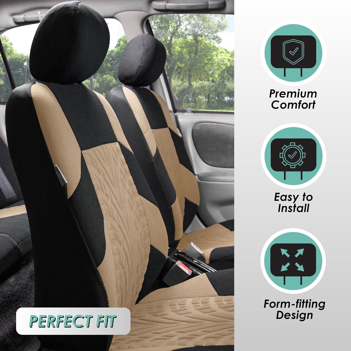 FH Group Car Seat Covers Interior Full Set Accessories Travel Master Car Accessories for Cars Vans Trucks and SUV - Airbag and Split Rear Beige Combo One Steering Wheel Cover, & Four Seat Belt Pads
