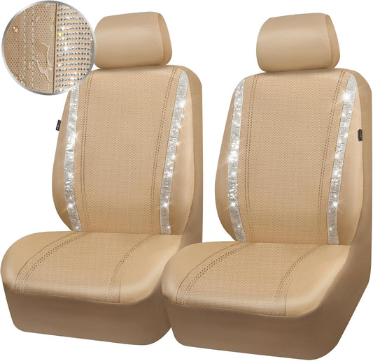 CAR PASS Leather Diamond Bling Car Seat Covers 2 Front Interior Sets, Waterproof Universal Shining Glitter Crystal Sparkle Fit for 95% Automotive Truck SUV Cute Women Girl, Beige Rhinestone