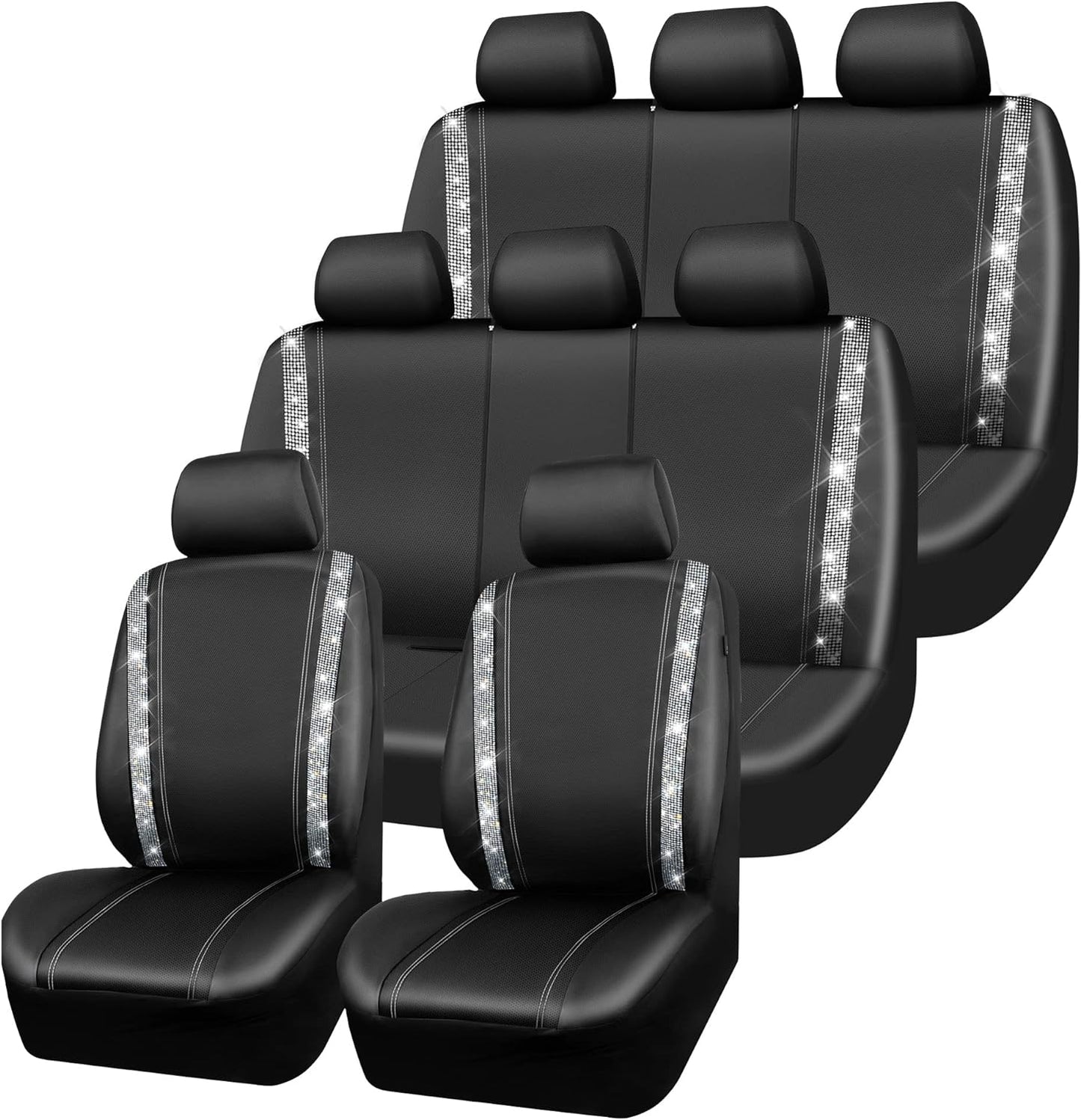 CAR PASS Leather Diamond Bling Car Seat Covers 2 Front Interior Sets, Waterproof Universal Shining Glitter Crystal Sparkle Fit for 95% Automotive Truck SUV Cute Women Girl, Beige Rhinestone
