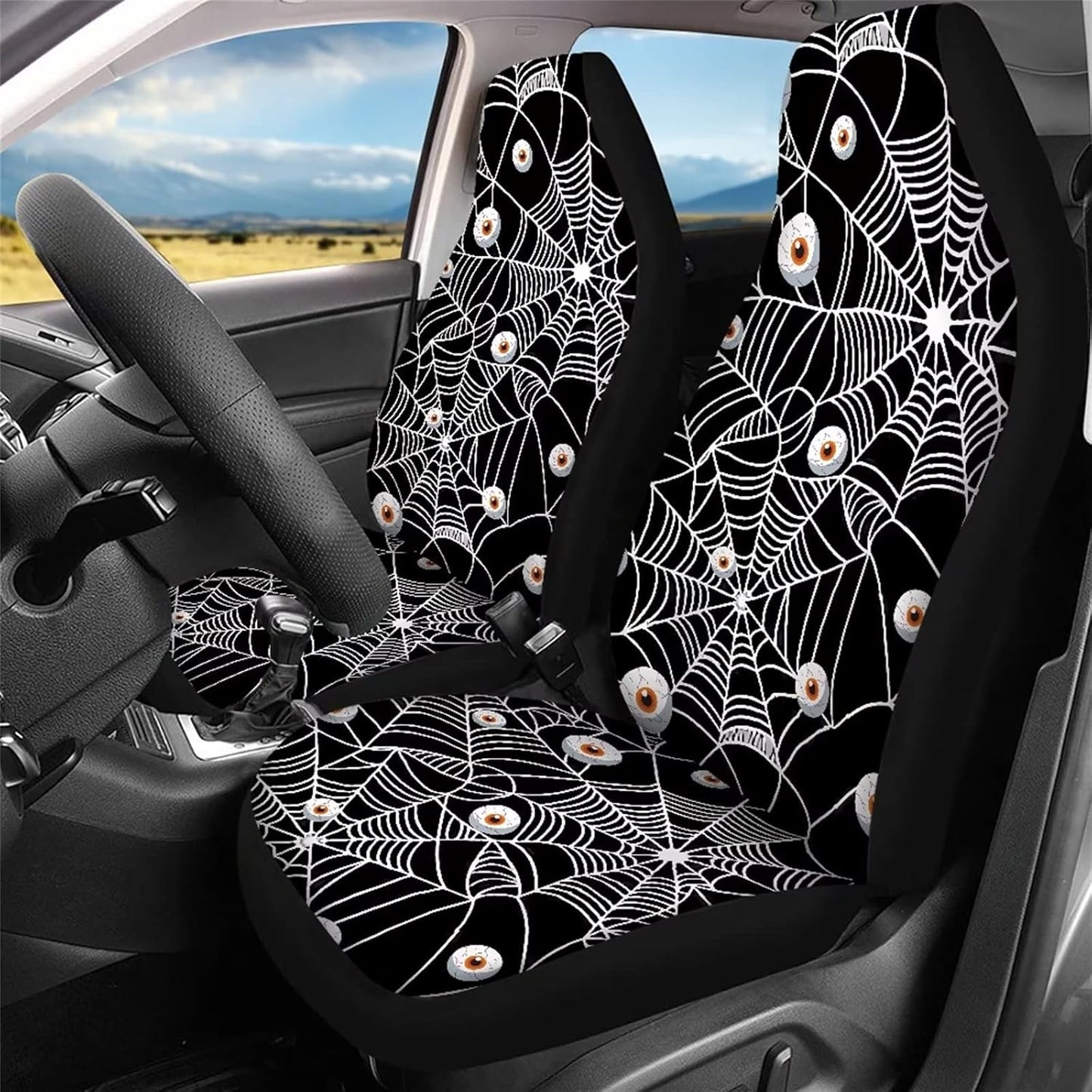 DISNIMO Spider Eyes Car Seat Cover Full Set for Women for Halloween Decorations, 4pcs Breathable Front Seat Rear Backrest Cover Soft Fabric Rear Bottom Bench Cover Universal Fit for Trucks Sedan SUV