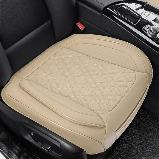 Car Seat Cover Front PU Leather Seat Covers, 2Pcs Universal Bottom Seat Covers for Cars, Anti-Slip, Storage Bags,Full Wrapping Edge Fits 95% of Vehicles(1 Pair, Beige)