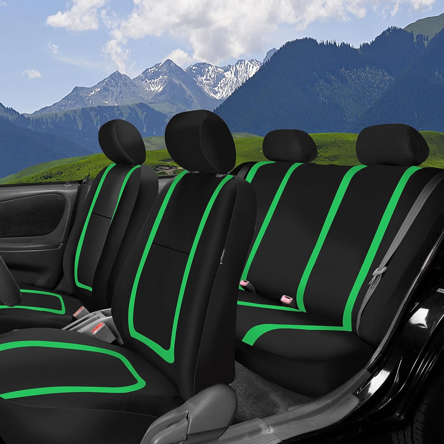 FH Group Car Seat Covers Full Set Cloth-Universal Fit Automotive Seat Covers, Low Back Front Seat Covers, Solid Back Seat Cover, Washable Car Seat Cover for SUV, Sedan and Van Green