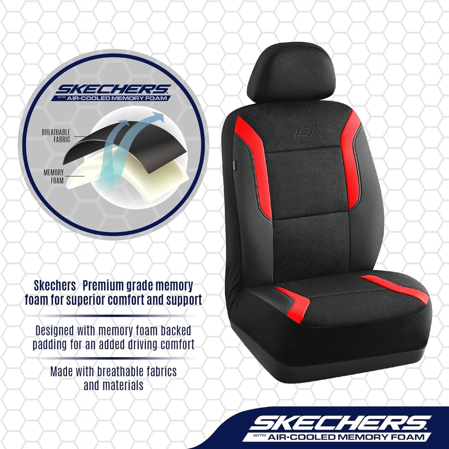 Skechers Memory Foam Car Seat Covers, Air Cool Mesh Thick Seat Covers, Slip-ins Front Seat Cover, Airbag Compatible, Automotive Comfort & Protection for Most Cars,Vans,Trucks, SUVs,Red