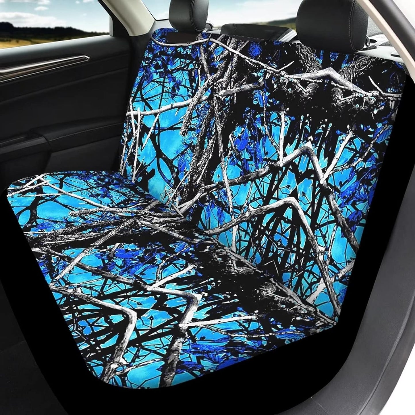 Wideasale Blue Camo Oak Hunting 12Pc Car Seat Covers Full Set/Steering Wheel Covers/Seat Belt Pads/Key Chain/Coaster/Lipstick Holder Universal Auto Accessories Interior Protector Universal Fit