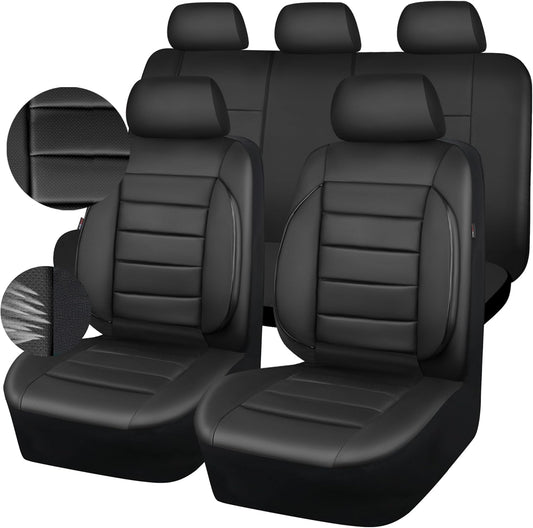 CAR PASS Leather Seat Covers Full Set Universal Water Resistant 3D Foam Back Support, Luxury Comfort Automotive 5 Seat Covers All Season Fit for SUV,Sedan,Van, Airbag Compatible Elegance(Black)
