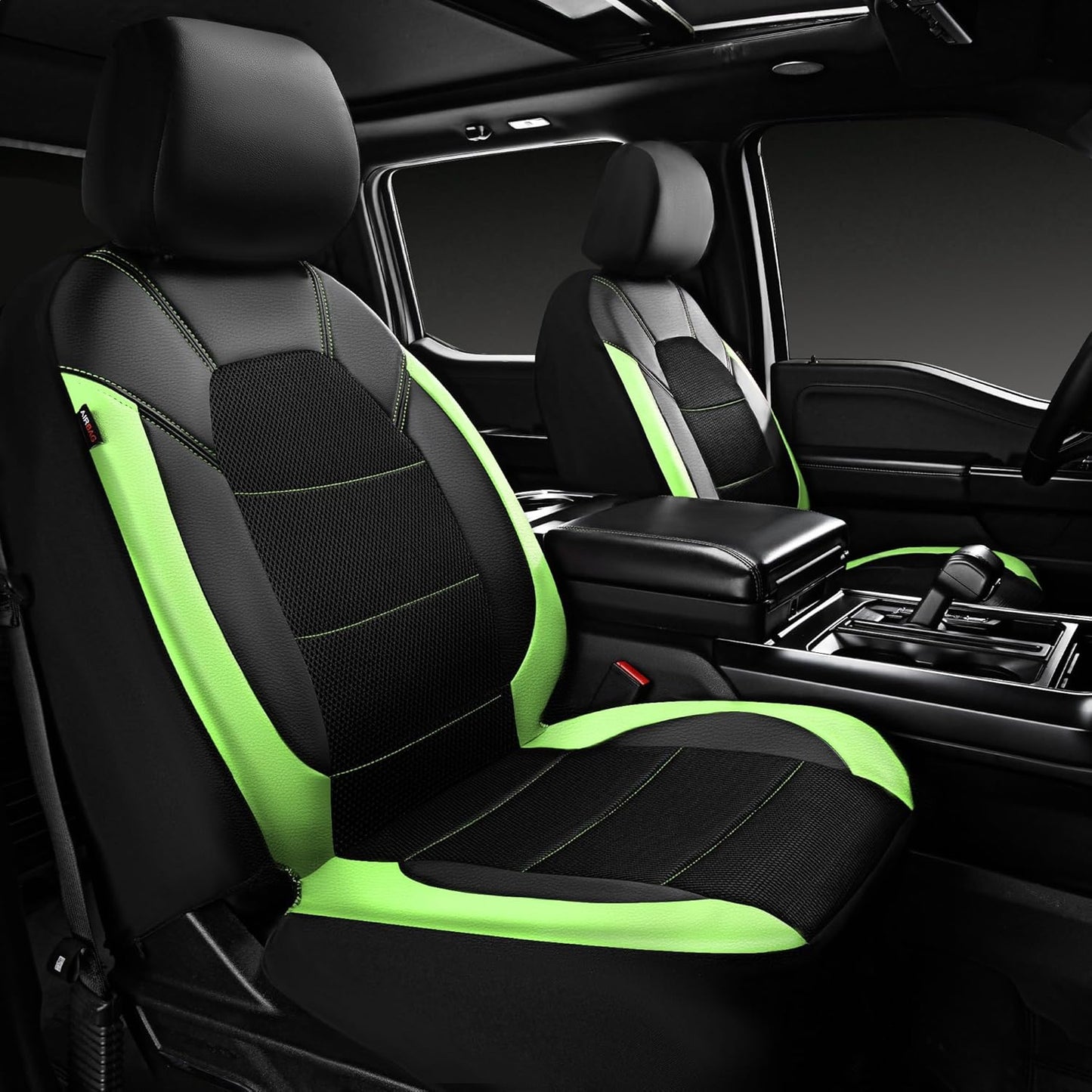 CAR PASS Leather Car Seat Covers Front Seats only, with Air Mesh Front Seat Covers Breathable, Cool Automotive Seat Covers 2 Pack, Universal Fit Most Cars,SUV,Truck,Van Airbag Compatible(Black Green)