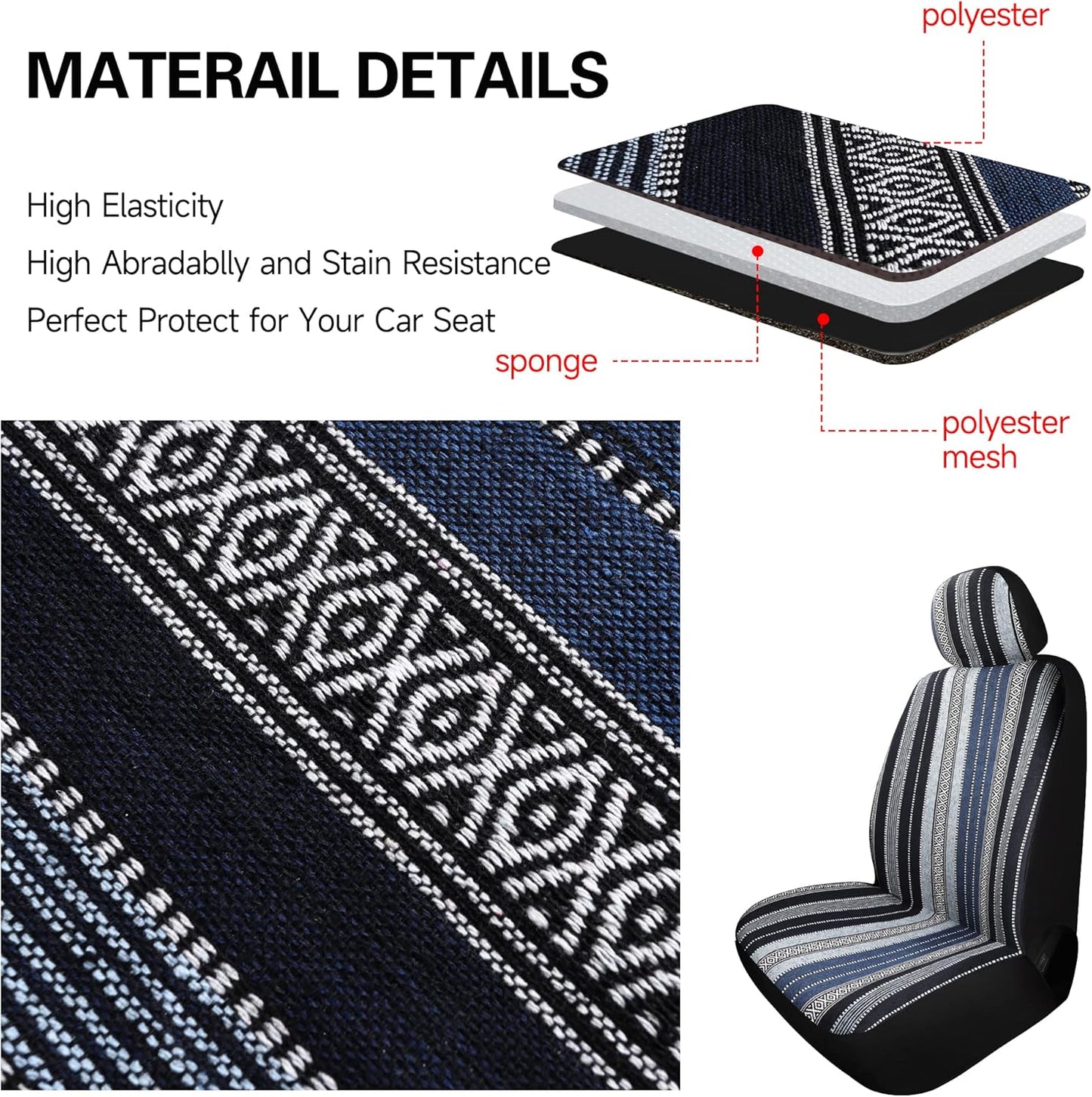 VarCozy Baja Saddle Blanket Seat Covers, Front Seat Covers for Sedan, SUV, Truck, Universal Stripe Colorful Woven Automotive Seat Cover, Breathable, Washable, Airbag Compatible