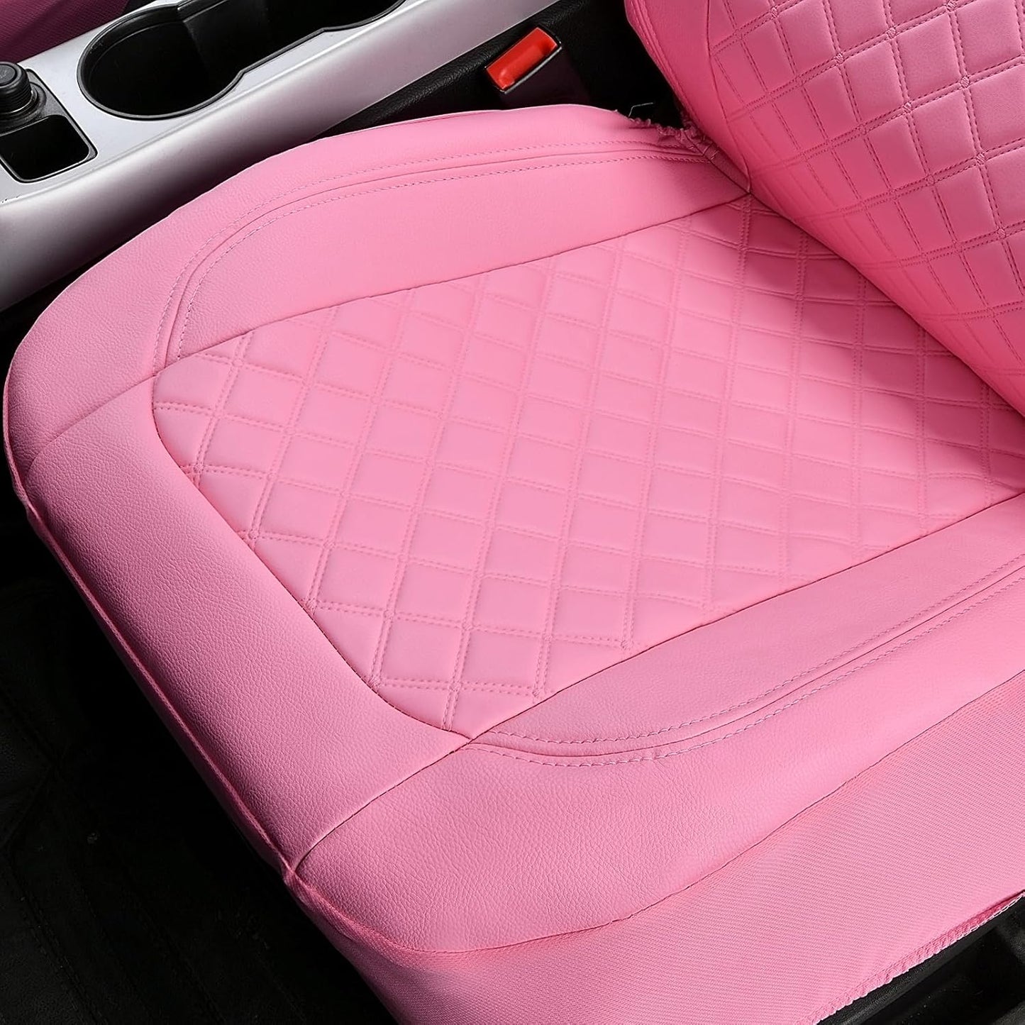 Flying Banner car seat Covers Set Faux Leather Quilted Fashion Easy Bench Split Protectors Sport Fashion (Solid Pink, Full Set - Low Back - Front Arm Rest)