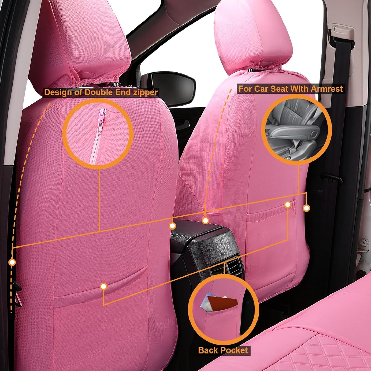 Flying Banner car seat Covers Set Faux Leather Quilted Fashion Easy Bench Split Protectors Sport Fashion (Solid Pink, Full Set - Low Back - Front Arm Rest)