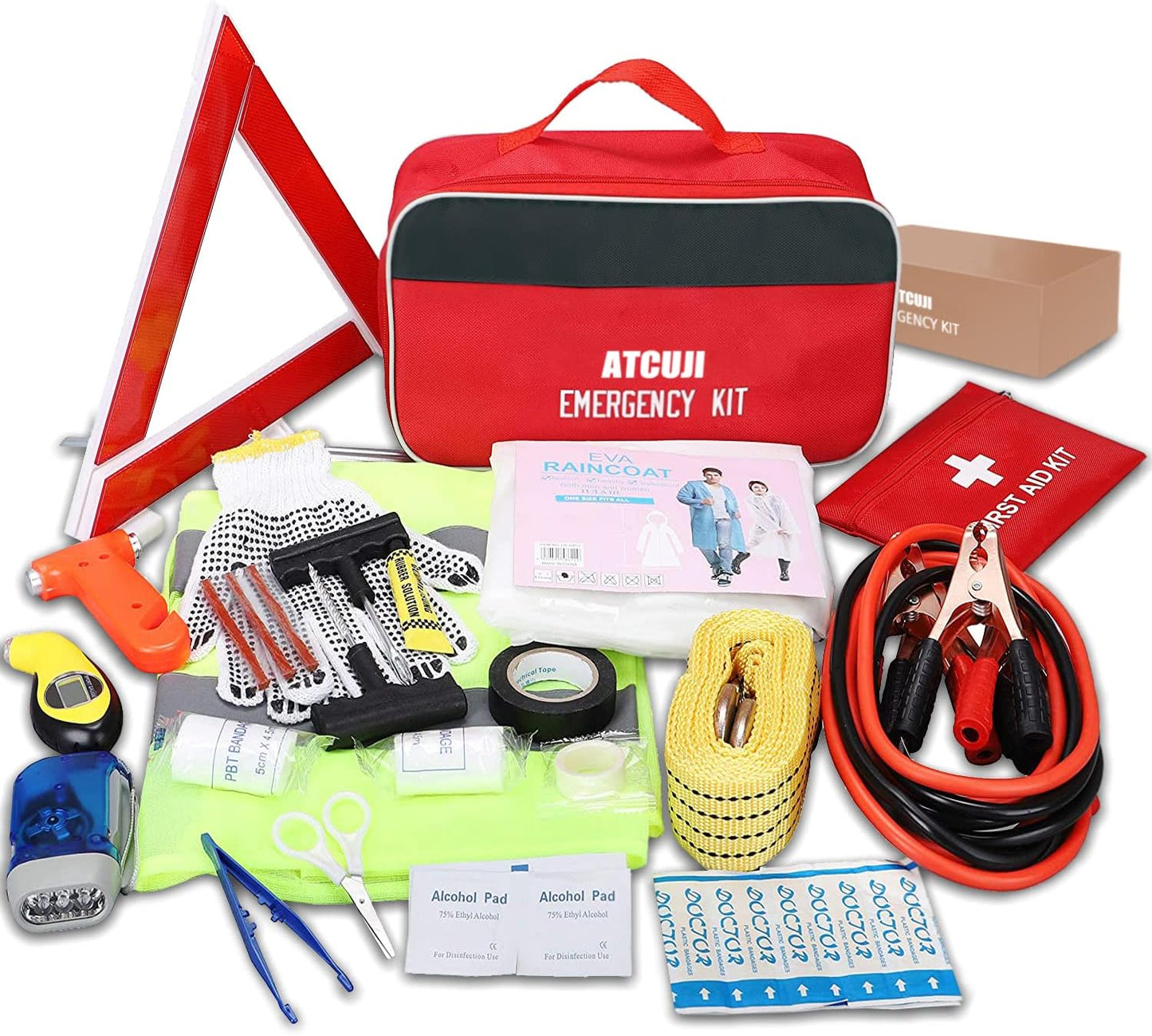Atcuji Auto Emergency Kit Set - Vehicle Roadside Assistance - Jumper Cables, Tow Rope, Safety Hammer & More - Compact Car Tool Bag - Multi-Purpose Emergency Pack