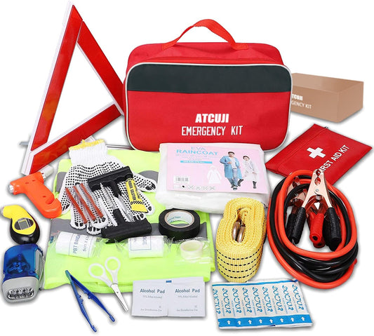Atcuji Auto Emergency Kit Set - Vehicle Roadside Assistance - Jumper Cables, Tow Rope, Safety Hammer & More - Compact Car Tool Bag - Multi-Purpose Emergency Pack