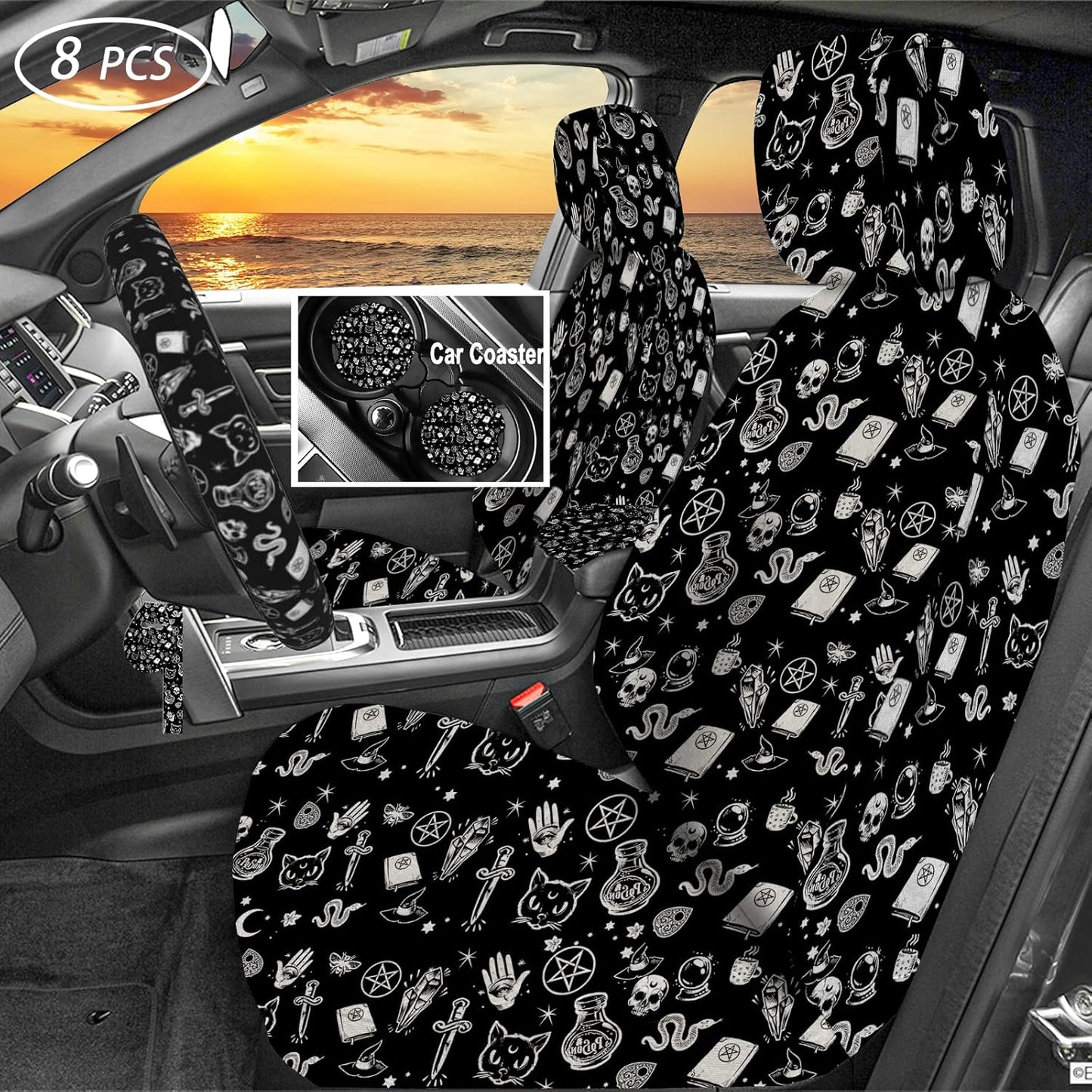 8PCS Gothic Car Accessories Interior Include Universal Steering Wheel Cover Front Car Seat Cover Shoulder Pads Car Coasters Armrest Pad Car Accessories Sets for Women Men Teens