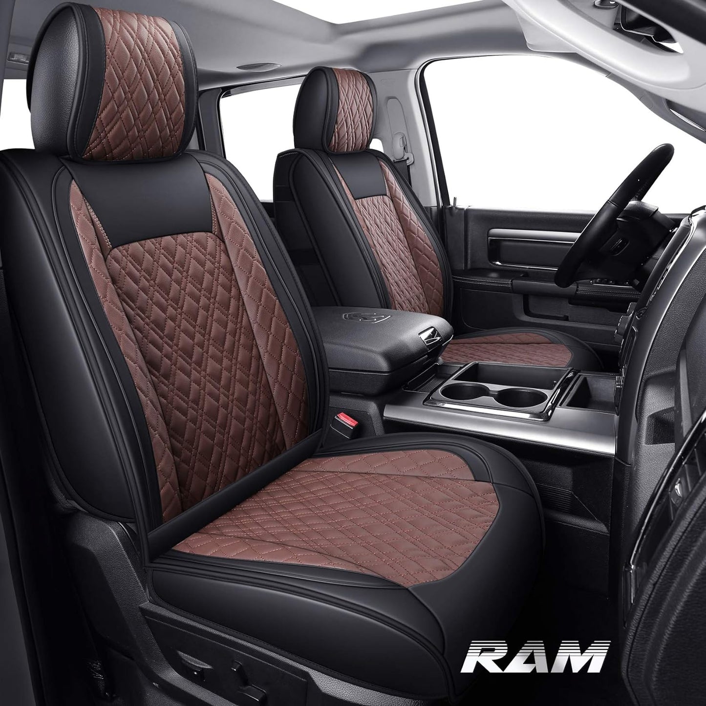 YIERTAI Car Seat Covers Compatible with Dodge Ram Custom Fit 2009-2025 1500 2500 3500 Pickup Mega Cab Limited Longhorn Laramie Bighorn Waterproof Leather Seat Protectors, 2 PCS Front Black