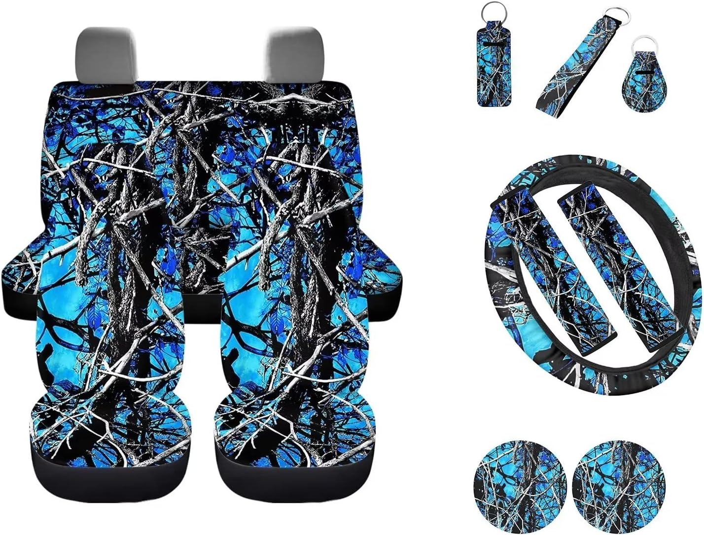 Wideasale Blue Camo Oak Hunting 12Pc Car Seat Covers Full Set/Steering Wheel Covers/Seat Belt Pads/Key Chain/Coaster/Lipstick Holder Universal Auto Accessories Interior Protector Universal Fit