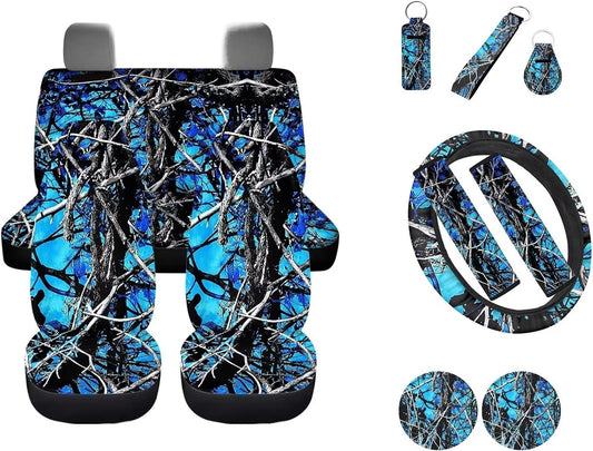 Wideasale Blue Camo Oak Hunting 12Pc Car Seat Covers Full Set/Steering Wheel Covers/Seat Belt Pads/Key Chain/Coaster/Lipstick Holder Universal Auto Accessories Interior Protector Universal Fit