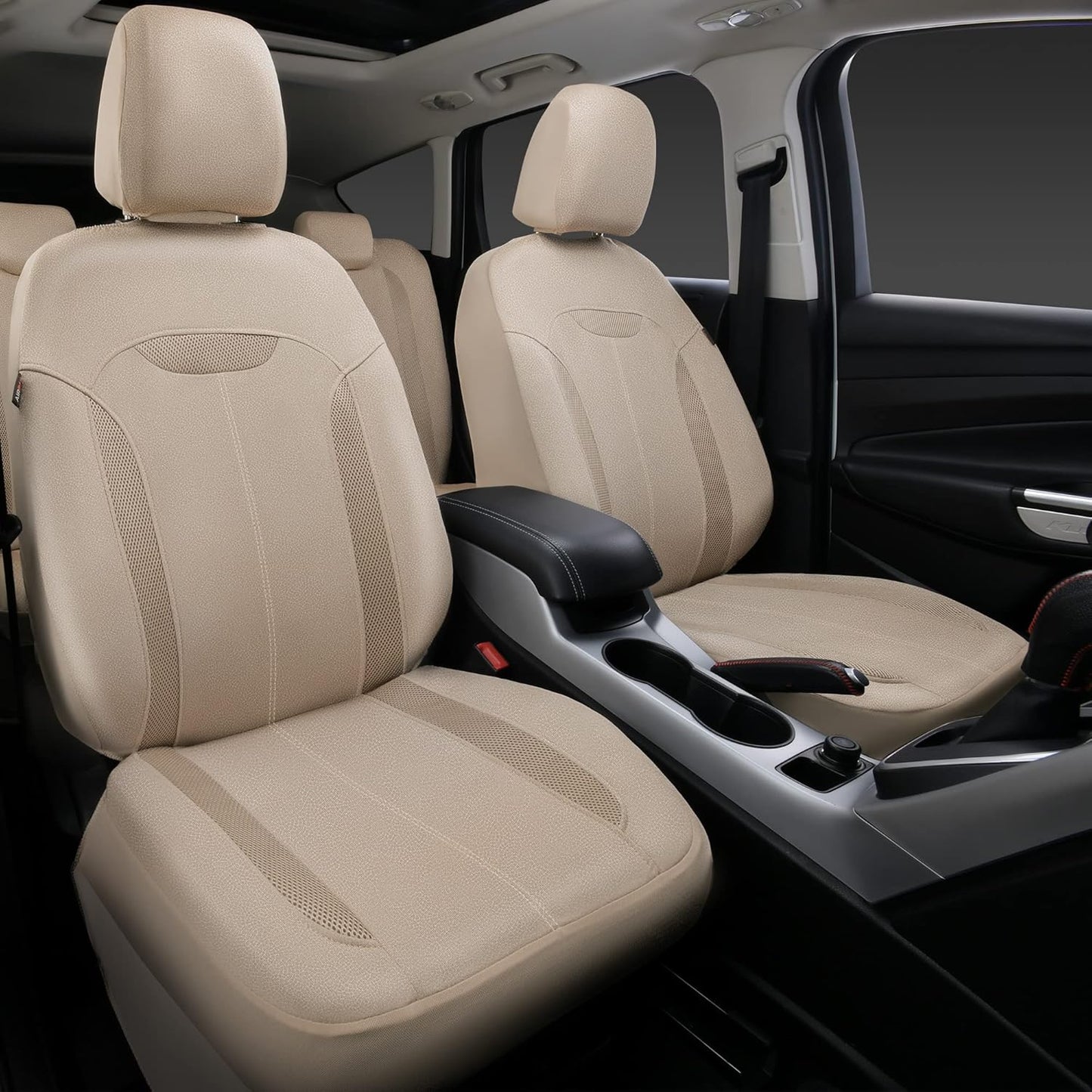 CAR PASS 3D Air Mesh in Cloth Leather Grain Breathable Seat Covers Full Set, 3zipper Rear Bench Armrest Airbag Sports, Universal Fit 95% Car,SUV,Truck,Sedan,Van, Beige (zt-0070-BE1FP-FPLB5WD22W)