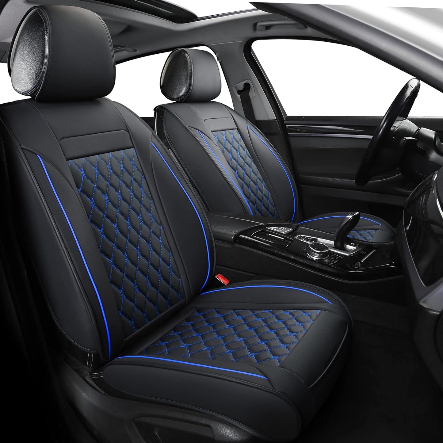 Vankerful Car Seat Covers Front Pair,Universal Fit for Most Cars,SUV,Sedans and Pick-up Trucks,Automotive Faux Leather Vehicle Cushion Covers(Front Pair,Black/Blue)