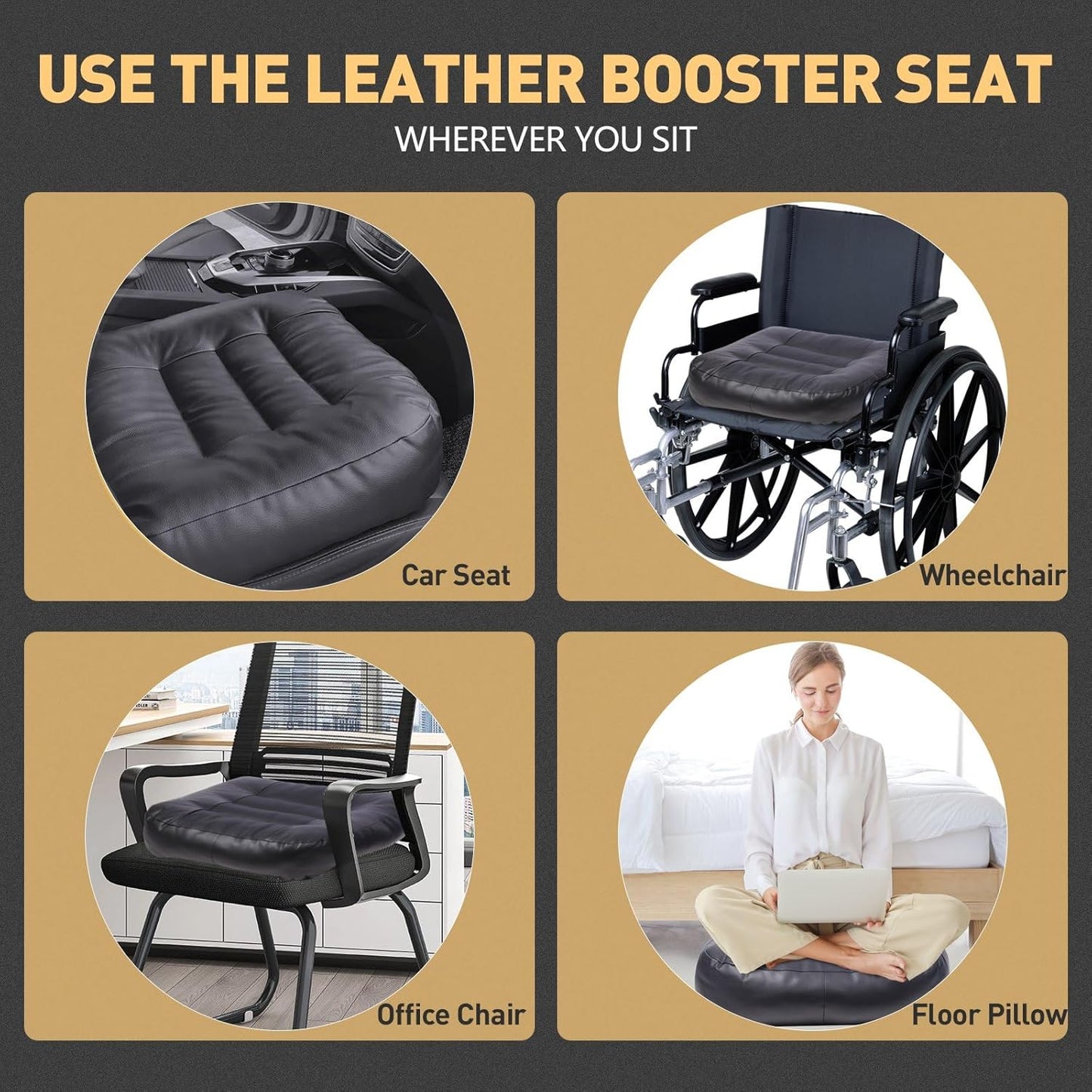 VOOCKI Booster Car Seat Cushion, Thick Leather Car Seat Cushion Pad for Adult to Raise Height, Portable Backless Car Seat Pillow with Handle for Trucks Driving, Suvs, Office Chairs, Wheelchairs