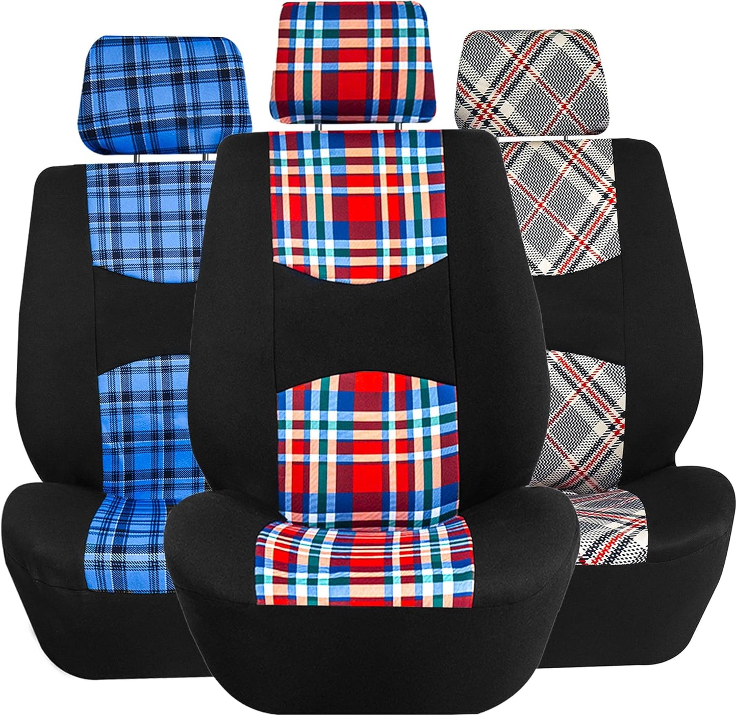 FH Group Car Seat Covers Full Set Plaid Print Blue Cloth - Universal Fit Automotive Seat Covers, Low Back Front Seat Covers, Solid Back Seat Cover, Washable Car Seat Cover for SUV, Sedan, Van