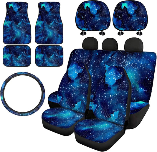 Pensura Blue Galaxy Printed Universal Fit Car Seat Cover Auto Accessories Set 10 Pieces Front Car Seat Covers,Back Protector Pads Bucket Seat Cushion,Car Headrest Cover,Floormats,Steering Wheel Cover