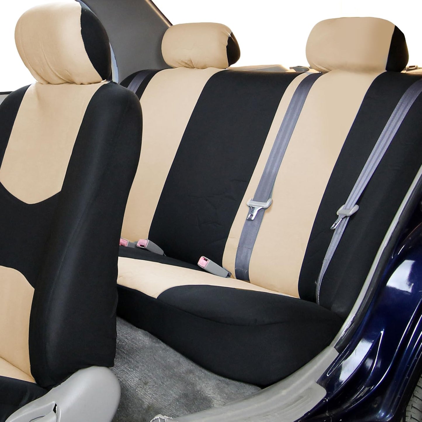 FH Group 40/60, 60/40, 50/50 Split Bench Cover w. 3 Headrests Beige & Black