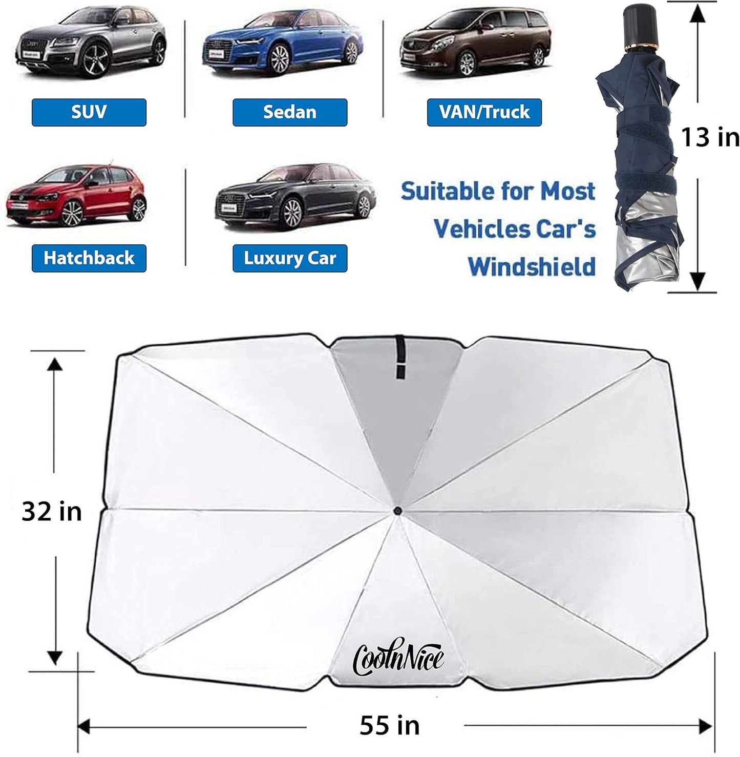 CoolnNice Premium Foldable Car Windshield Sun Shade Umbrella, Center Console & Fingers Protection Exclusive Features, Cover UV Block Front Window for Auto Cover Truck Sedan SUV Van Hatchback Luxury