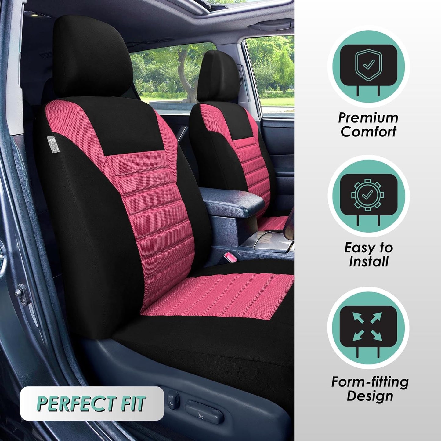 FH Group Car Seat Covers Full Set 3D Air Mesh - Universal Fit, Automotive Seat Covers, Low Back Seat Cover, Airbag Compatible,Split Bench Rear Seat,Washable Car Seat Cover for SUV, Sedan Pink