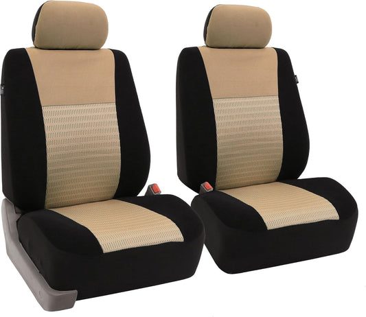 FH Group Pair Bucket Fabric Seat Covers w. Detachable Headrest Airbag Compatible Beige