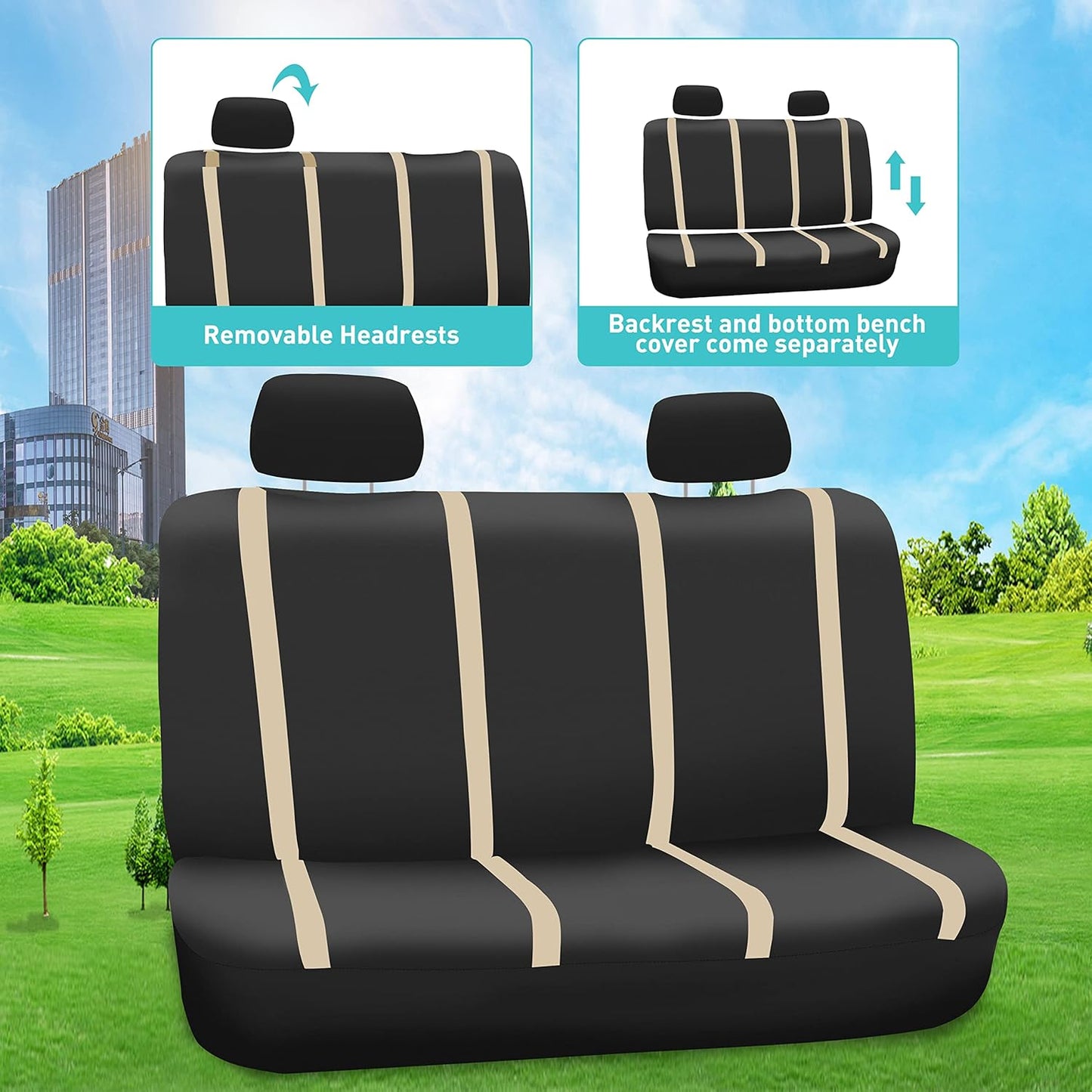 FH-FB032114 Unique Flat Cloth Seat Cover w. 4 Detachable Headrests and Solid Bench Beige/Black