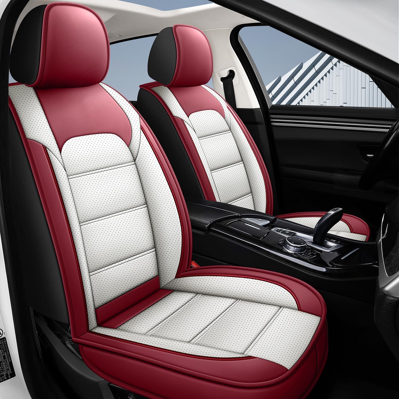 QUYDDC Car Seat Covers Full Set 3D Foam Back Support, 2 Front Seats Universal Fit for Most Trucks,Sedan and SUVs, Waterproof PU Leather Super Breathable, Storage Bags, All Season, Red +White