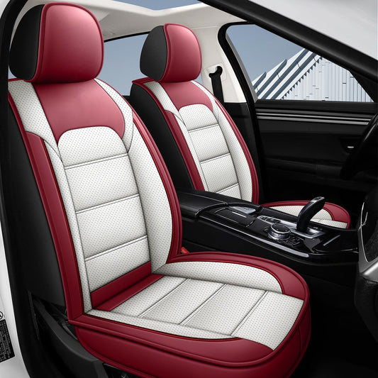 QUYDDC Car Seat Covers Full Set 3D Foam Back Support, 2 Front Seats Universal Fit for Most Trucks,Sedan and SUVs, Waterproof PU Leather Super Breathable, Storage Bags, All Season, Red +White