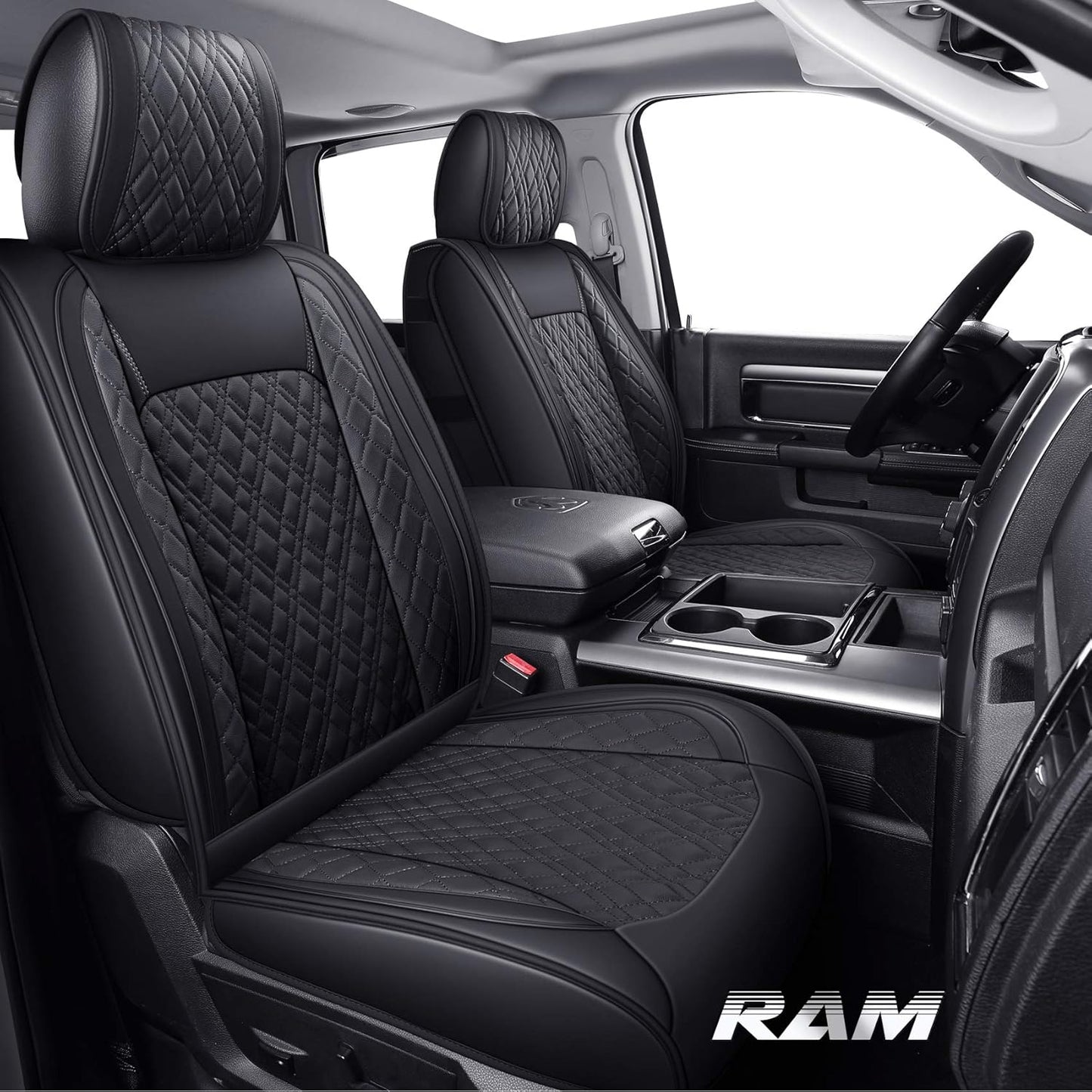 YIERTAI Car Seat Covers Compatible with Dodge Ram Custom Fit 2009-2025 1500 2500 3500 Pickup Mega Cab Limited Longhorn Laramie Bighorn Waterproof Leather Seat Protectors, 2 PCS Front Black