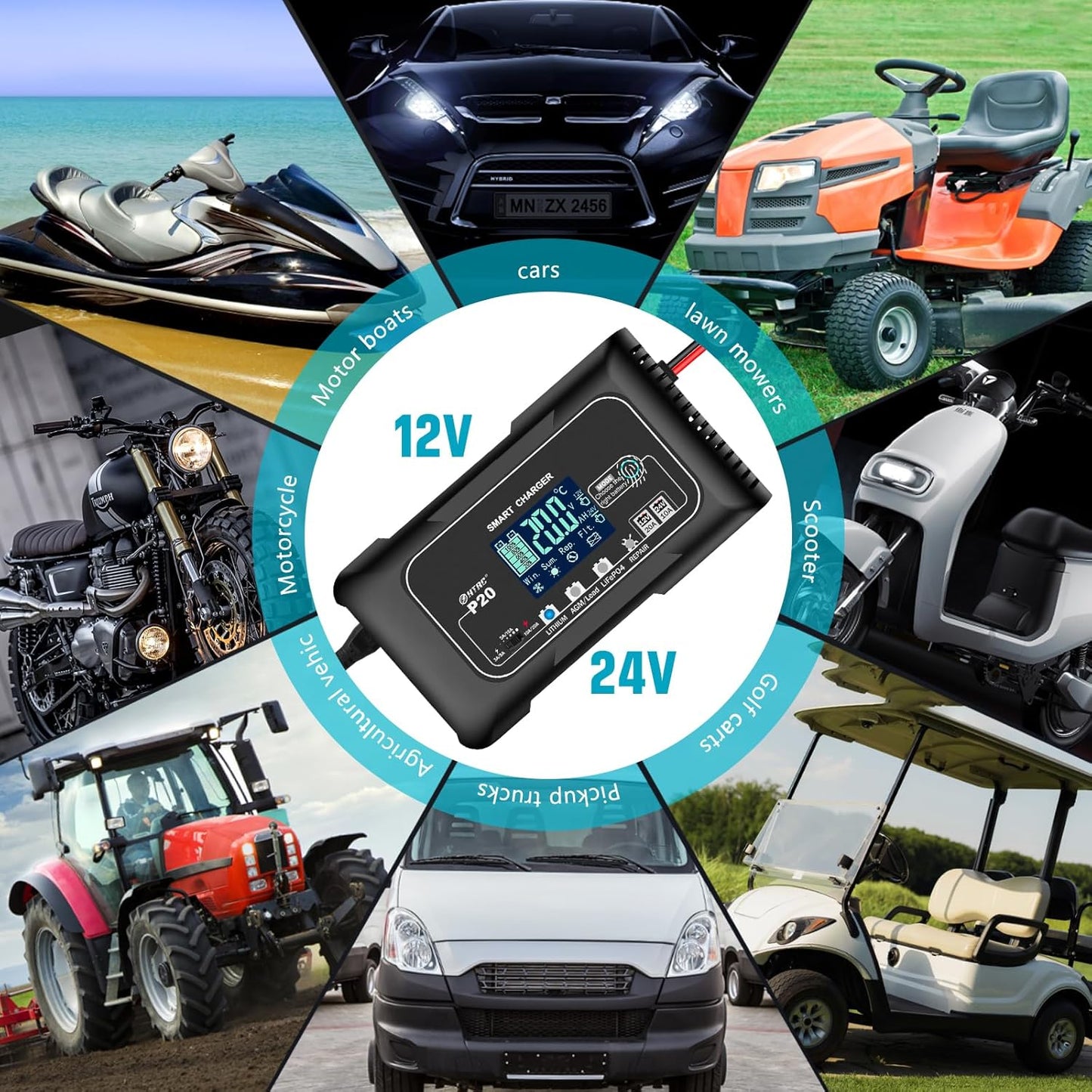 20-Amp Smart Battery Charger,12V/20A and 24V/10A.Lithium,Lifepo4,Lead-Acid(AGM/Gel/SLA..) Car Battery Charger,Trickle Charger, Maintainer/Pulse Repair Charger,for Car,Boat,Motorcycle, Lawn Mower