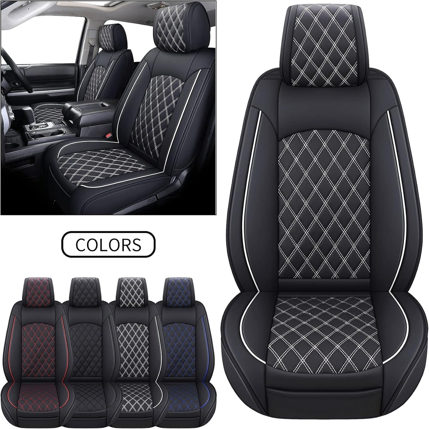 YIERTAI Seat Covers Compatible with 2008-2022 2023 2024 2025 Toyota Tundra Crewmax Double Extended Cab Regular Cab Pickup Waterproof Leather(2 PCS Front/Black-White)