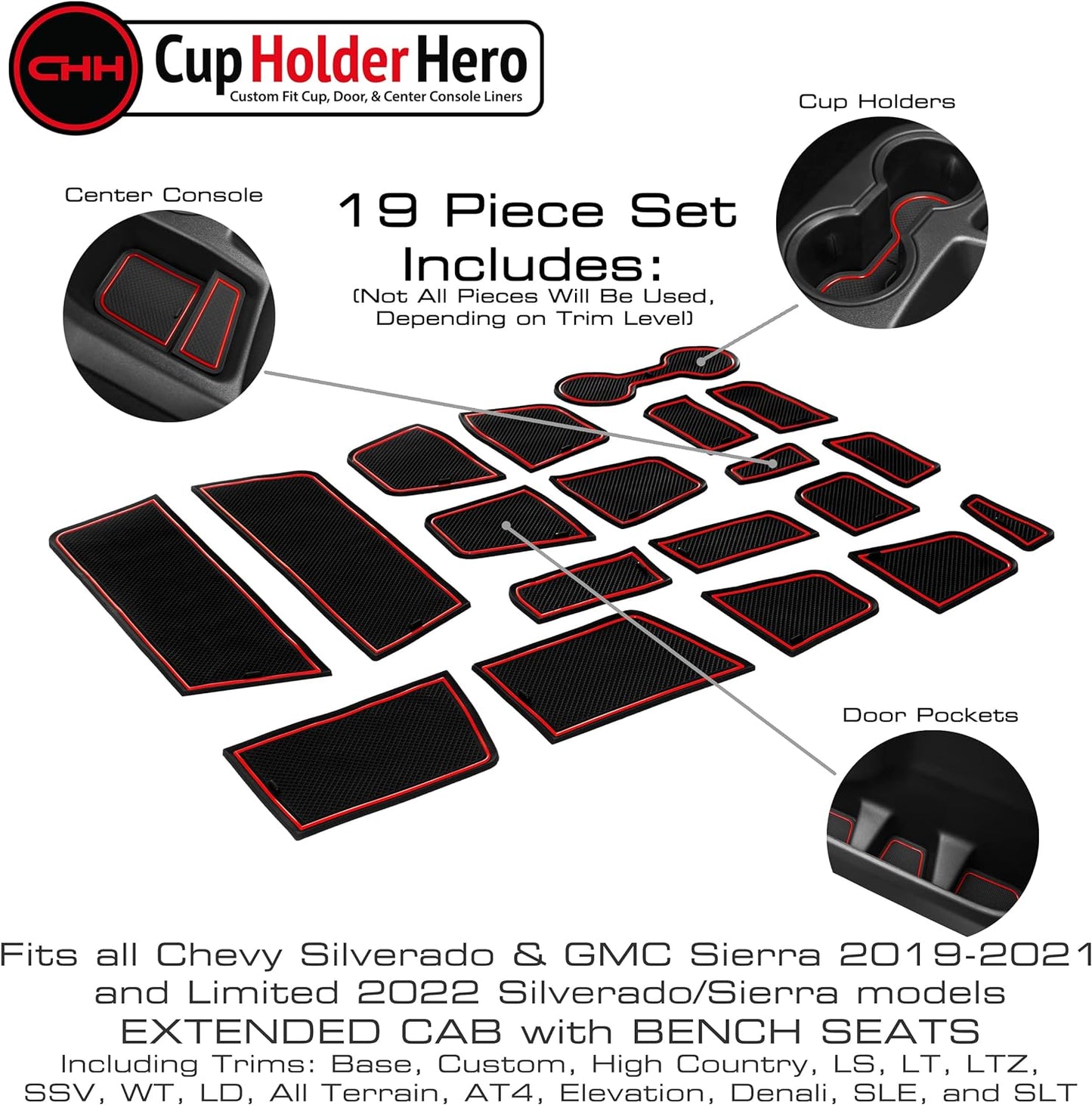 CupHolderHero fits Chevy Silverado 1500 Accessories & GMC Sierra 2014-2022 Premium Custom Interior Nonslip AntiDust Cup Holder Insert,Console Liner Mat,19pc Set (DoubleCab with BenchSeats)(Red Trim)