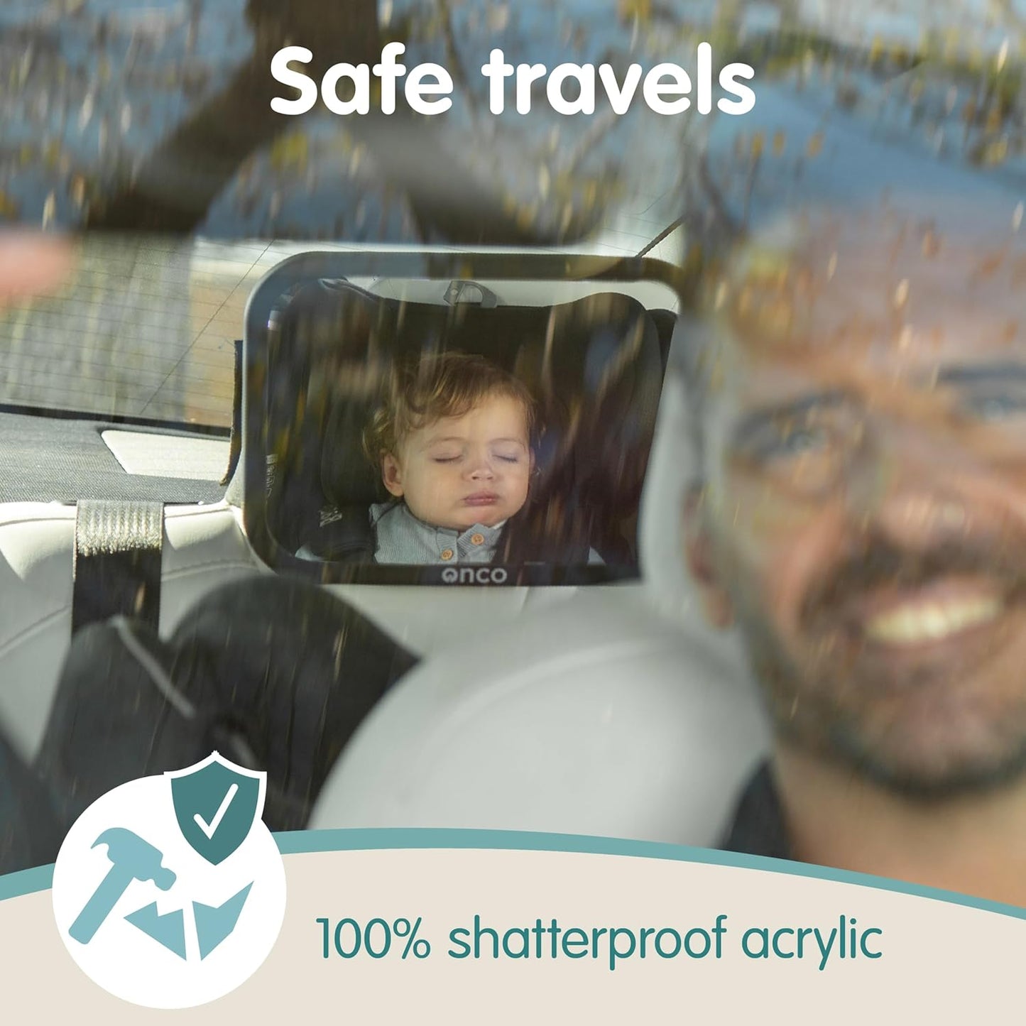 Onco Fixed Headrest Car Mirror - Tesla-Compatible, 100% Shatterproof & Shake-Proof for Baby Rear Facing, Adjustable Seat Mirror for Car Journeys