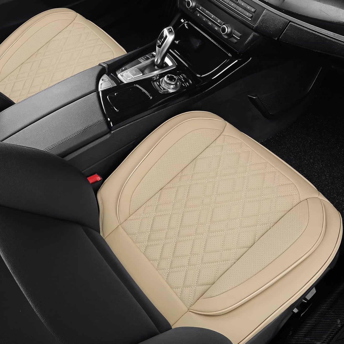 Car Seat Cover Front PU Leather Seat Covers, 2Pcs Universal Bottom Seat Covers for Cars, Anti-Slip, Storage Bags,Full Wrapping Edge Fits 95% of Vehicles(1 Pair, Beige)