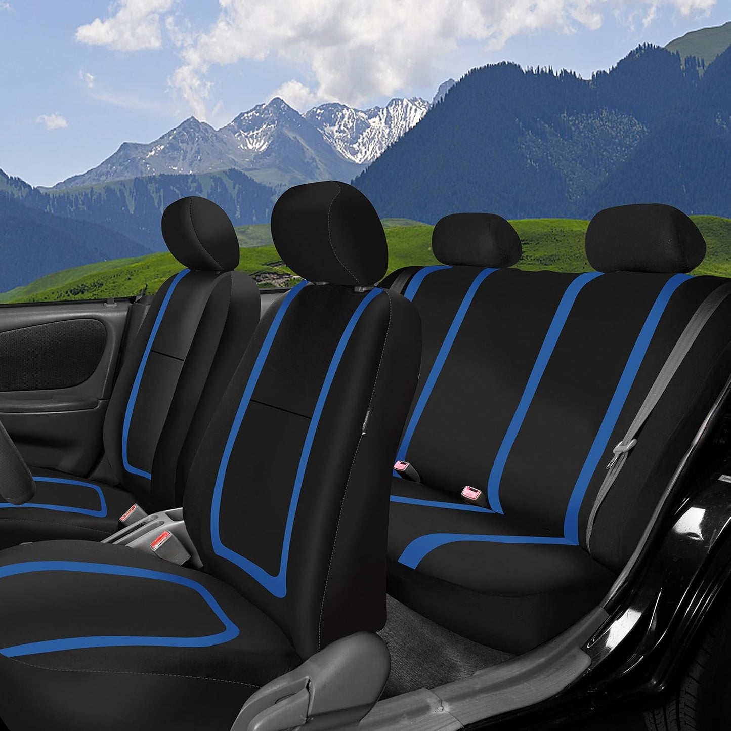 FH-FB032114 Unique Flat Cloth Seat Cover w. 4 Detachable Headrests and Solid Bench Blue/Black