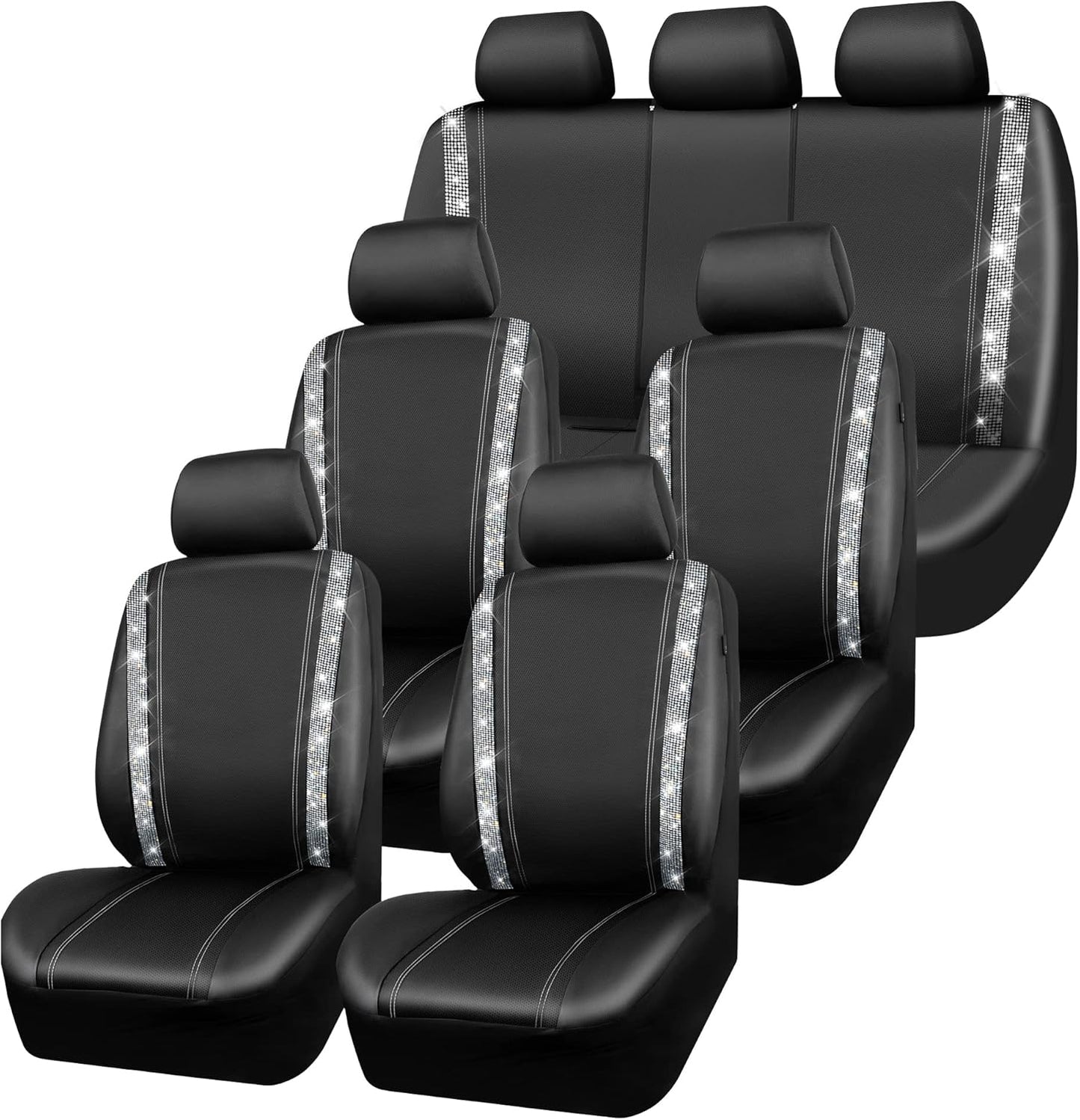 CAR PASS Leather Diamond Bling Car Seat Covers 2 Front Interior Sets, Waterproof Universal Shining Glitter Crystal Sparkle Fit for 95% Automotive Truck SUV Cute Women Girl, Beige Rhinestone