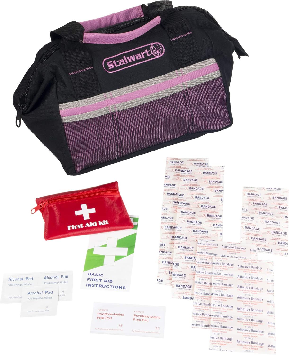 Roadside Emergency Car Kit - 55-Piece Car Accessories Set Includes Jumper Cables, Tools, Gloves, First Aid Kit, and Case by Stalwart (Pink)